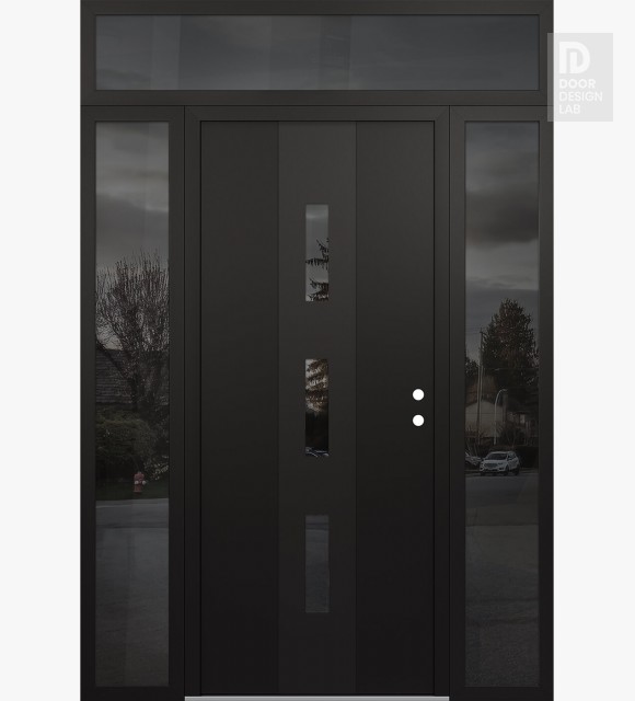 Modern Steel Front Door DIAMOND A7 64" X 96" BLACK/BLACK MIRRORED GLASS PANEL BLACK LHI WITH 2 SIDELITES AND TRANSOM MIRRORED GLASS