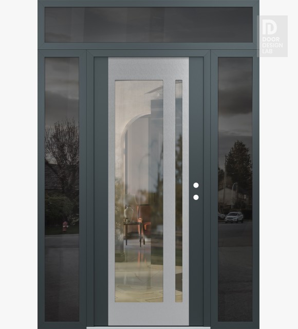 Modern Steel Front Door Diamond C15 68" x 96" anthracite/anthracite clear Glass Panel stainless steel LHI with 2 Sidelites and Transom mirrored Glass