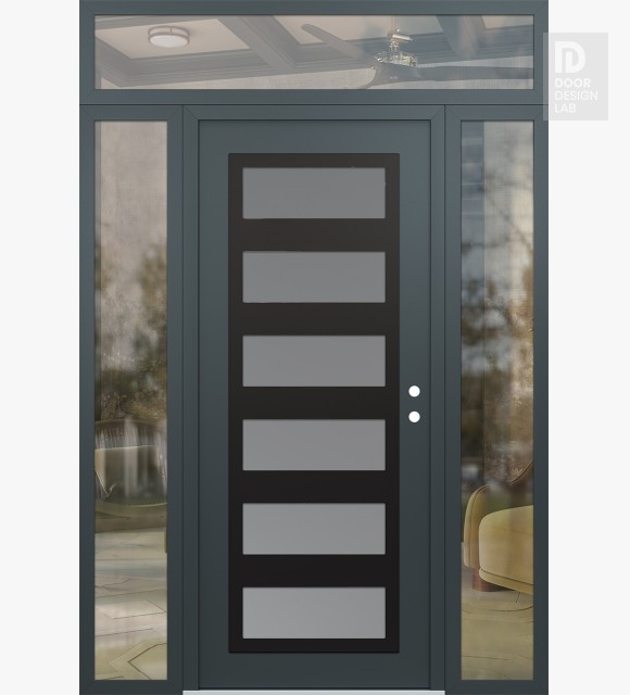 Modern Steel Front Door Diamond C9 64" x 96" anthracite/anthracite frosted Glass Panel black LHI with 2 Sidelites and Transom clear Glass