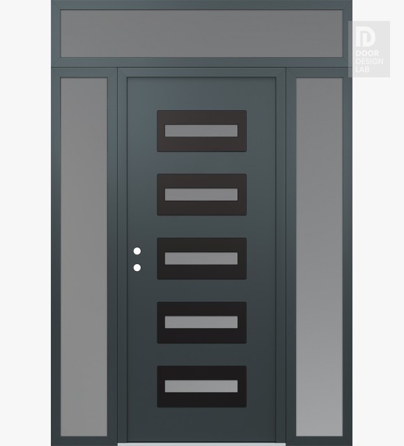 Modern Steel Front Door Diamond D4 64" x 96" anthracite/anthracite frosted Glass Panel black RHI with 2 Sidelites and Transom frosted Glass
