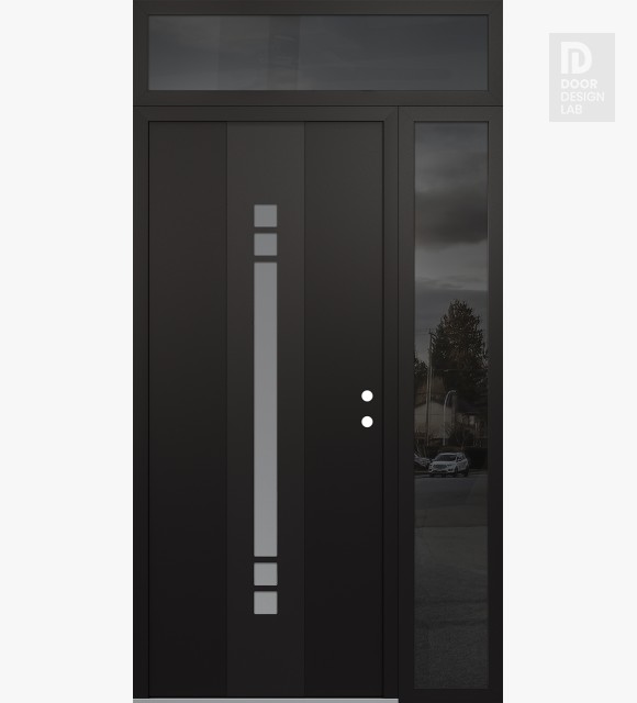 Modern Steel Front Door DIAMOND A4 52" X 96" BLACK/WHITE FROSTED GLASS PANEL BLACK LHI WITH SIDELITE AND TRANSOM MIRRORED GLASS