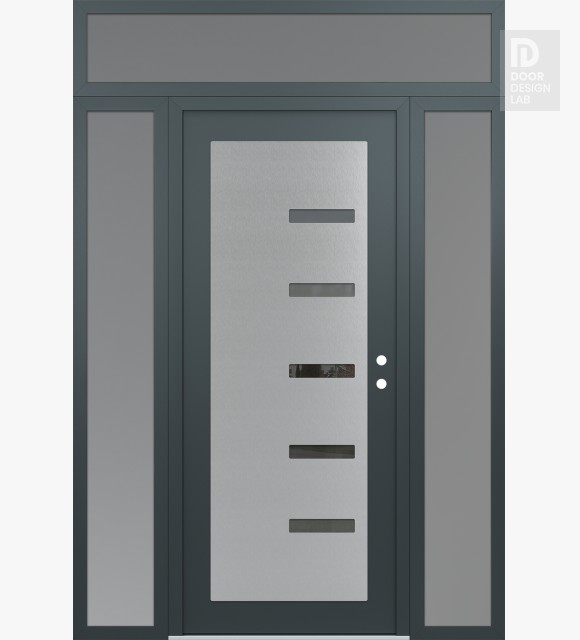 Modern Steel Front Door Diamond C8 64" x 96" anthracite/anthracite mirrored Glass Panel stainless steel LHI with 2 Sidelites and Transom frosted Glass
