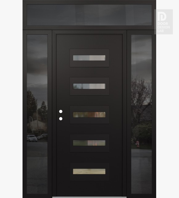 Modern Steel Front Door Diamond D4 64" x 96" black/black clear Glass Panel black RHI with 2 Sidelites and Transom mirrored Glass