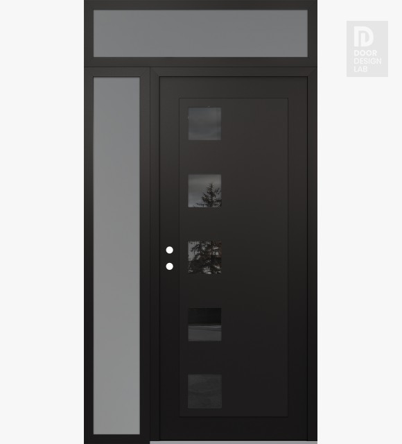 Modern Steel Front Door Diamond C5 50" x 96" black/black mirrored Glass Panel black RHI with Sidelite and Transom frosted Glass