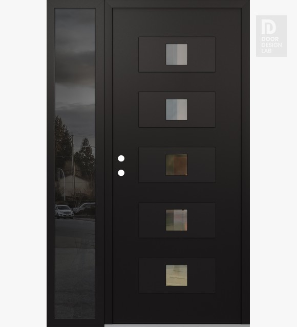 Modern Steel Front Door Diamond D8 52" x 80" black/black clear Glass Panel black RHI with Sidelite mirrored Glass