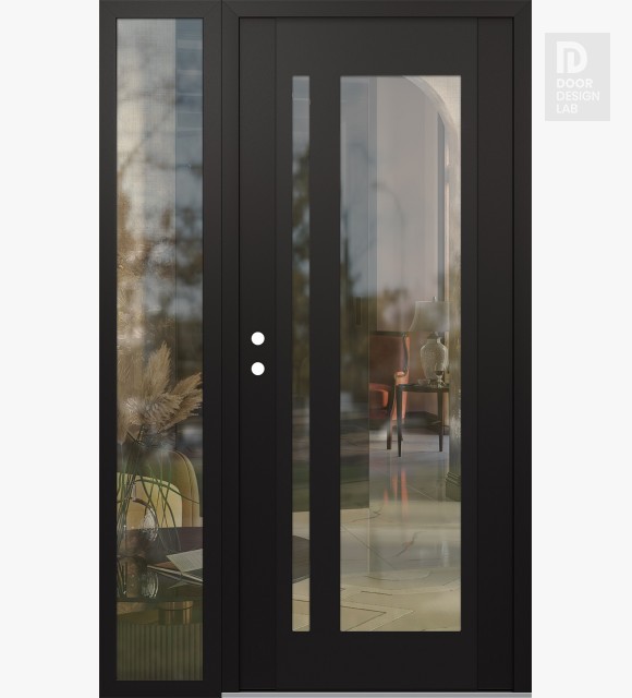 Modern Steel Front Door Diamond C15 52" x 80" black/black clear Glass Panel black RHI with Sidelite clear Glass