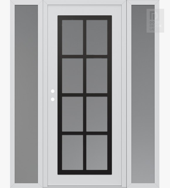 Modern Steel Front Door Diamond C16 68" x 80" white/white frosted Glass Panel black RHI with 2 Sidelites frosted Glass