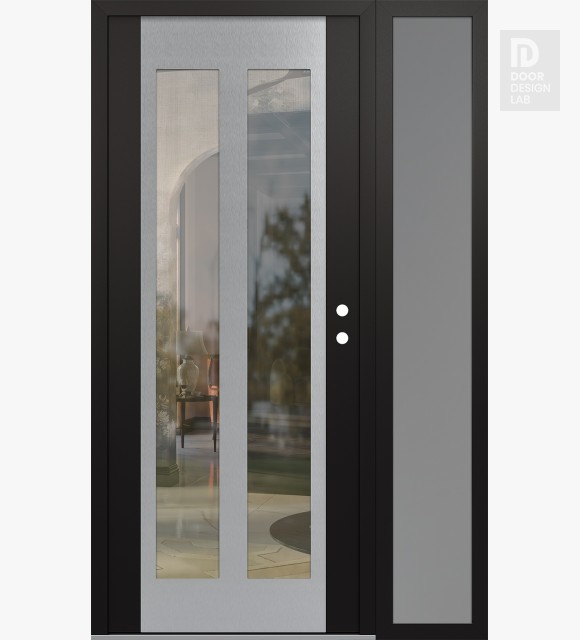 Modern Steel Front Door Diamond C14 48" x 80" black/black clear Glass Panel stainless steel LHI with Sidelite frosted Glass