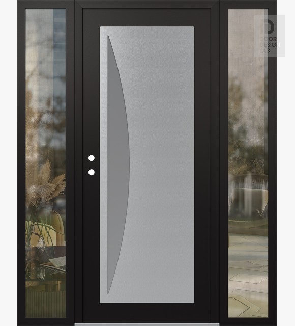 Modern Steel Front Door Diamond C13 60" x 80" black/white frosted Glass Panel stainless steel RHI with 2 Sidelites clear Glass