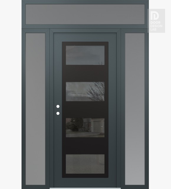 Modern Steel Front Door Diamond C2 68" x 96" anthracite/anthracite mirrored Glass Panel black RHI with 2 Sidelites and Transom frosted Glass