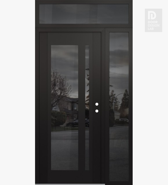 Modern Steel Front Door Diamond C15 50" x 96" black/black mirrored Glass Panel black LHI with Sidelite and Transom mirrored Glass