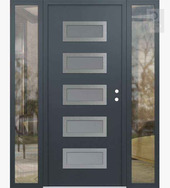 Modern Steel Front Door Diamond D1 68" x 80" anthracite/anthracite frosted Glass Panel stainless steel LHI with 2 Sidelites clear Glass