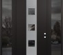 Modern Steel Front Door DIAMOND A12 68" X 96" BLACK/BLACK MIRRORED GLASS PANEL STAINLESS STEEL LHI WITH 2 SIDELITES AND TRANSOM MIRRORED GLASS