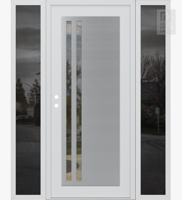 Modern Steel Front Door Diamond C6 64" x 80" white/white clear Glass Panel stainless steel RHI with 2 Sidelites mirrored Glass