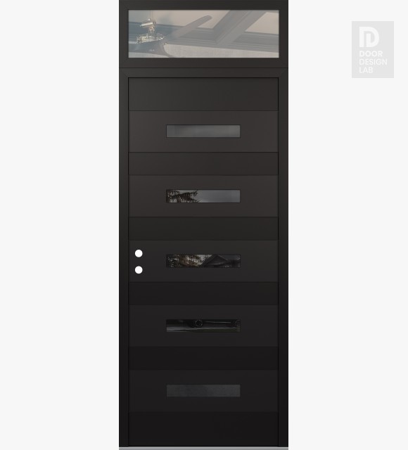 Modern Steel Front Door Diamond D9 36" x 96" black/black mirrored Glass Panel black RHI with Transom clear Glass