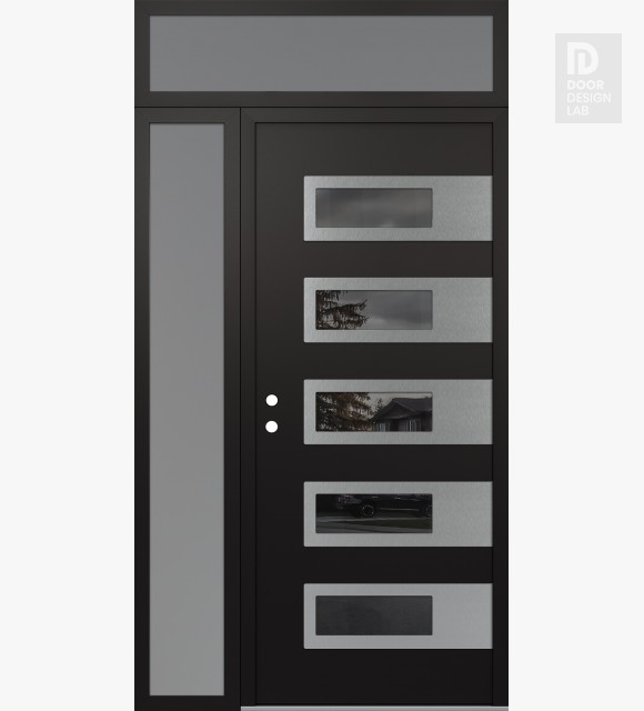 Modern Steel Front Door Diamond D3 50" x 96" black/black mirrored Glass Panel stainless steel RHI with Sidelite and Transom frosted Glass