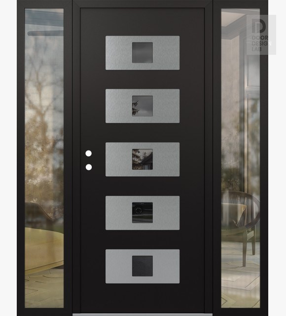 Modern Steel Front Door Diamond D8 60" x 80" black/black mirrored Glass Panel stainless steel RHI with 2 Sidelites clear Glass