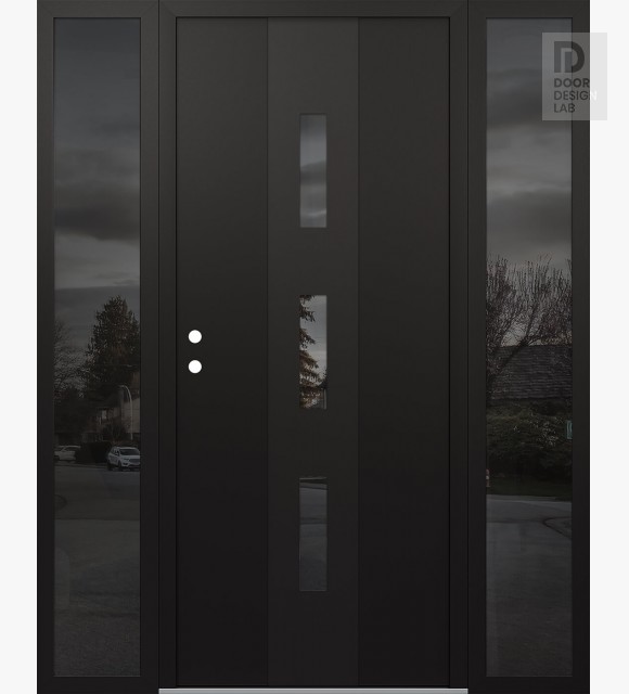 Modern Steel Front Door DIAMOND A7 60" X 80" BLACK/BLACK MIRRORED GLASS PANEL BLACK RHI WITH 2 SIDELITES MIRRORED GLASS