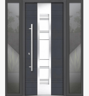 Front Exterior Prehung Steel Door / Deux 0757 Gray Graphite / 2 Side Exterior Windows / Stainless Inserts Single Modern Painted-W12+36+12" x H80"-Right-hand Inswing