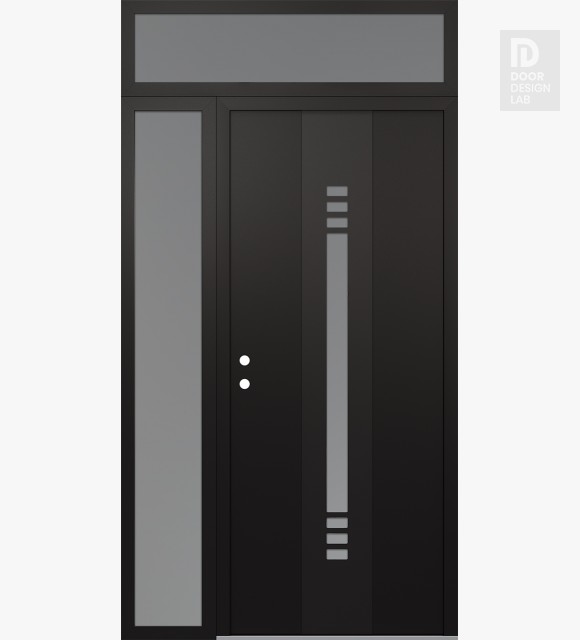 Modern Steel Front Door DIAMOND A5 52" X 96" BLACK/WHITE FROSTED GLASS PANEL BLACK RHI WITH SIDELITE AND TRANSOM FROSTED GLASS