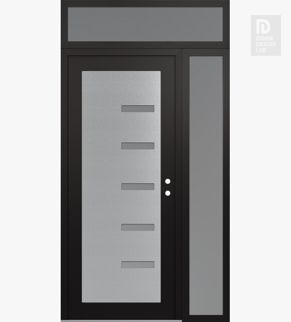 Modern Steel Front Door Diamond C8 48" x 96" black/white frosted Glass Panel stainless steel LHI with Sidelite and Transom frosted Glass