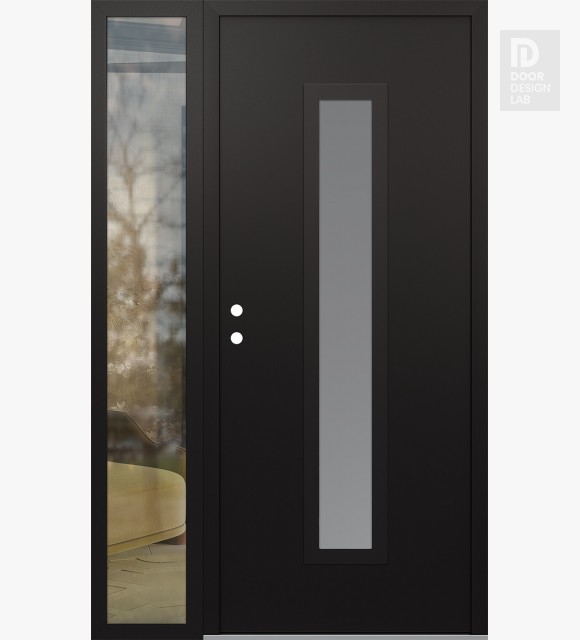 Modern Steel Front Door DIAMOND A11 50" X 80" BLACK/WHITE FROSTED GLASS PANEL BLACK RHI WITH SIDELITE CLEAR GLASS