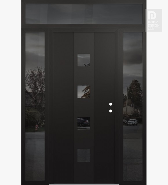 Modern Steel Front Door DIAMOND A12 60" X 96" BLACK/BLACK MIRRORED GLASS PANEL BLACK LHI WITH 2 SIDELITES AND TRANSOM MIRRORED GLASS