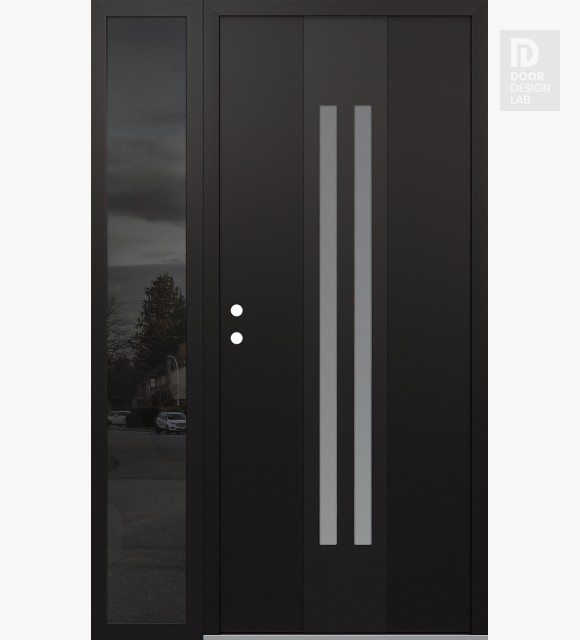 Modern Steel Front Door DIAMOND A8 52" X 80" BLACK/WHITE FROSTED GLASS PANEL BLACK RHI WITH SIDELITE MIRRORED GLASS