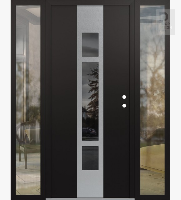 Modern Steel Front Door DIAMOND A9 68" X 80" BLACK/BLACK MIRRORED GLASS PANEL STAINLESS STEEL LHI WITH 2 SIDELITES CLEAR GLASS