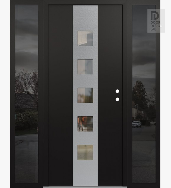 Modern Steel Front Door DIAMOND A13 64" X 80" BLACK/BLACK CLEAR GLASS PANEL STAINLESS STEEL LHI WITH 2 SIDELITES MIRRORED GLASS