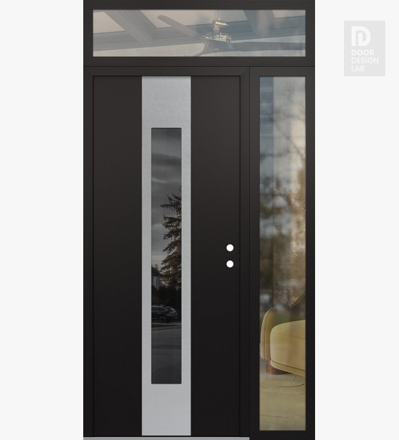 Modern Steel Front Door DIAMOND A1 52" X 96" BLACK/BLACK MIRRORED GLASS PANEL STAINLESS STEEL LHI WITH SIDELITE AND TRANSOM CLEAR GLASS