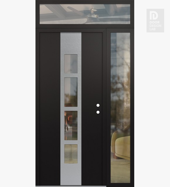 Modern Steel Front Door DIAMOND A10 50" X 96" BLACK/BLACK CLEAR GLASS PANEL STAINLESS STEEL LHI WITH SIDELITE AND TRANSOM CLEAR GLASS