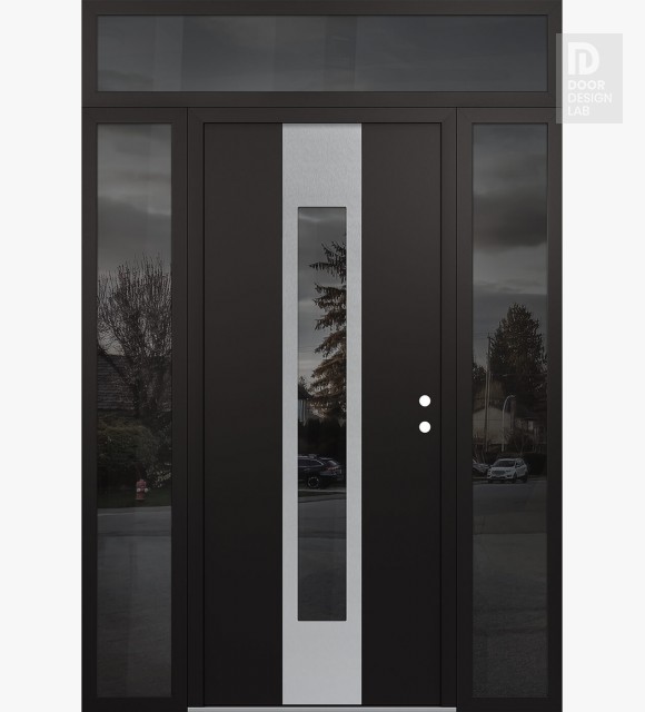 Modern Steel Front Door DIAMOND A1 68" X 96" BLACK/BLACK MIRRORED GLASS PANEL STAINLESS STEEL LHI WITH 2 SIDELITES AND TRANSOM MIRRORED GLASS