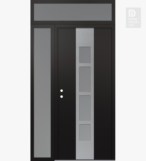 Modern Steel Front Door DIAMOND A10 48" X 96" BLACK/WHITE FROSTED GLASS PANEL STAINLESS STEEL RHI WITH SIDELITE AND TRANSOM FROSTED GLASS
