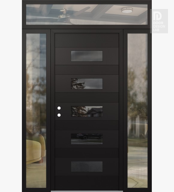 Modern Steel Front Door Diamond D5 60" x 96" black/black mirrored Glass Panel black RHI with 2 Sidelites and Transom clear Glass