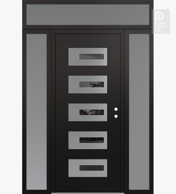Modern Steel Front Door Diamond D6 60" x 96" black/black mirrored Glass Panel stainless steel LHI with 2 Sidelites and Transom frosted Glass