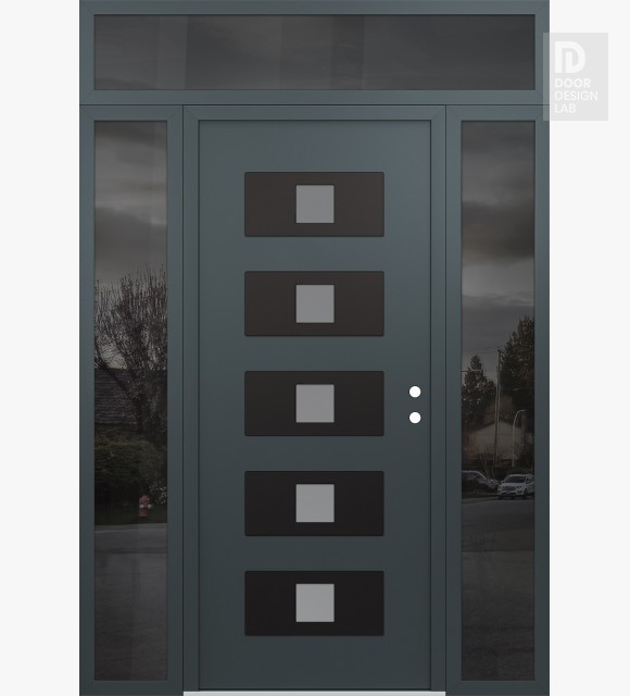 Modern Steel Front Door Diamond D8 68" x 96" anthracite/anthracite frosted Glass Panel black LHI with 2 Sidelites and Transom mirrored Glass