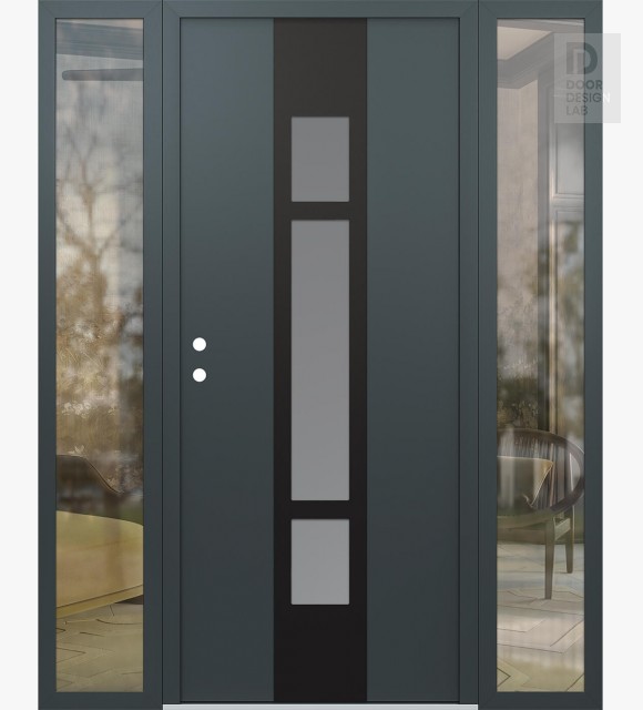 Modern Steel Front Door DIAMOND A9 68" X 80" ANTHRACITE/ANTHRACITE FROSTED GLASS PANEL BLACK RHI WITH 2 SIDELITES CLEAR GLASS