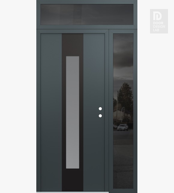Modern Steel Front Door DIAMOND A1 50" X 96" ANTHRACITE/ANTHRACITE FROSTED GLASS PANEL BLACK LHI WITH SIDELITE AND TRANSOM MIRRORED GLASS