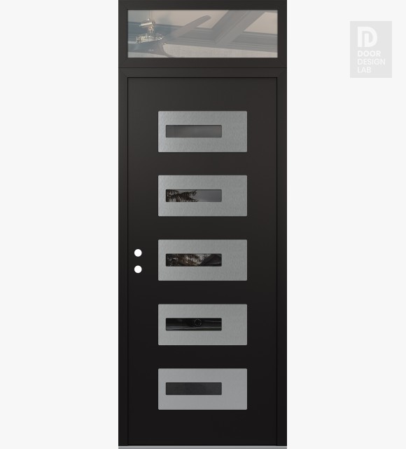 Modern Steel Front Door Diamond D6 36" x 96" black/black mirrored Glass Panel stainless steel RHI with Transom clear Glass