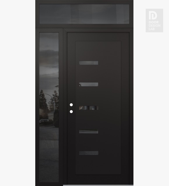 Modern Steel Front Door Diamond C8 50" x 96" black/black mirrored Glass Panel black RHI with Sidelite and Transom mirrored Glass