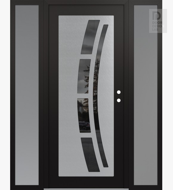 Modern Steel Front Door Diamond C12 60" x 80" black/black mirrored Glass Panel stainless steel LHI with 2 Sidelites frosted Glass