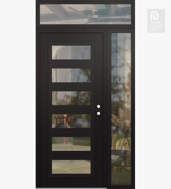 Modern Steel Front Door Diamond C9 50" x 96" black/black clear Glass Panel black LHI with Sidelite and Transom clear Glass