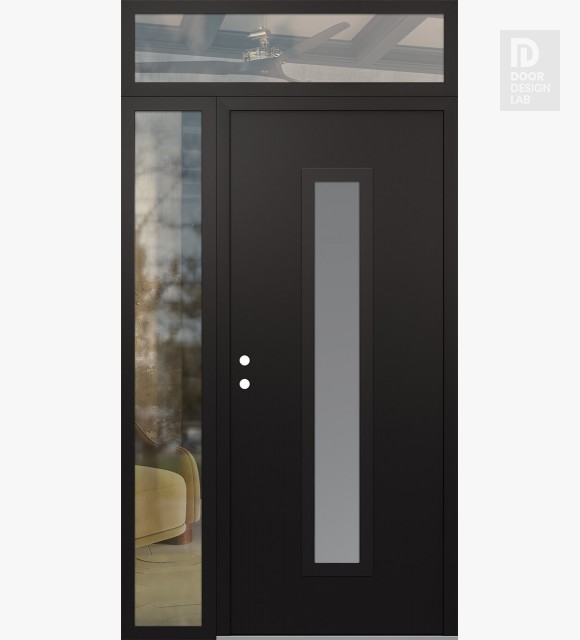 Modern Steel Front Door DIAMOND A11 50" X 96" BLACK/WHITE FROSTED GLASS PANEL BLACK RHI WITH SIDELITE AND TRANSOM CLEAR GLASS
