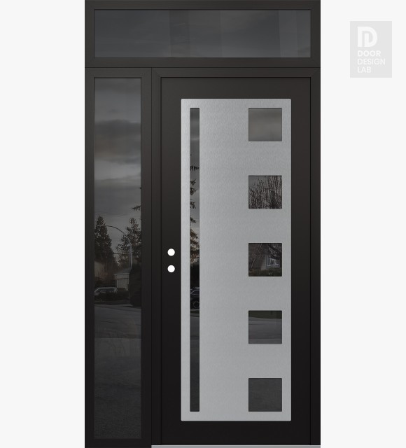Modern Steel Front Door Diamond C3 48" x 96" black/black mirrored Glass Panel stainless steel RHI with Sidelite and Transom mirrored Glass