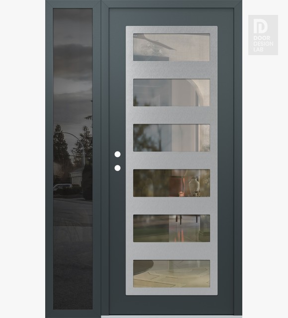 Modern Steel Front Door Diamond C9 52" x 80" anthracite/anthracite clear Glass Panel stainless steel RHI with Sidelite mirrored Glass