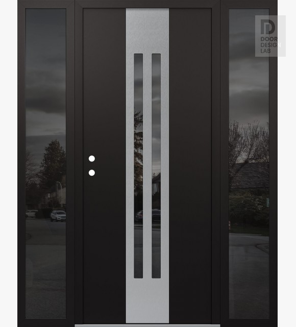 Modern Steel Front Door DIAMOND A8 60" X 80" BLACK/BLACK MIRRORED GLASS PANEL STAINLESS STEEL RHI WITH 2 SIDELITES MIRRORED GLASS