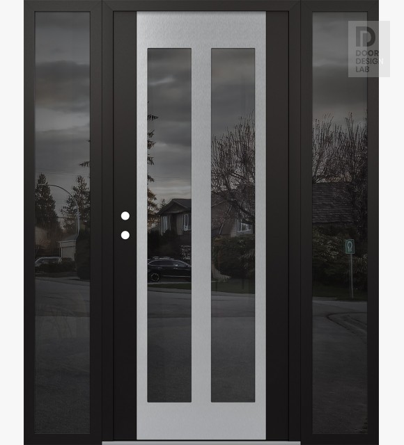 Modern Steel Front Door Diamond C14 68" x 80" black/black mirrored Glass Panel stainless steel RHI with 2 Sidelites mirrored Glass