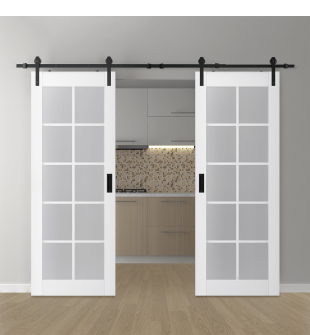 DOUBLE BARN DOOR PALLADIO 10 LITE VETRO BIANCO NOBLE 36" X 80" X 1 9/16" TEMPERED FROSTED GLASS BLACK HARDWARE