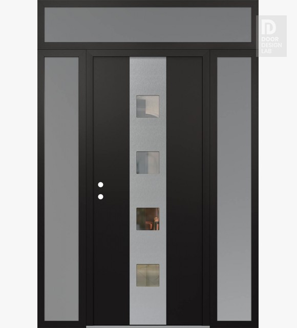 Modern Steel Front Door DIAMOND A12 68" X 96" BLACK/BLACK CLEAR GLASS PANEL STAINLESS STEEL RHI WITH 2 SIDELITES AND TRANSOM FROSTED GLASS